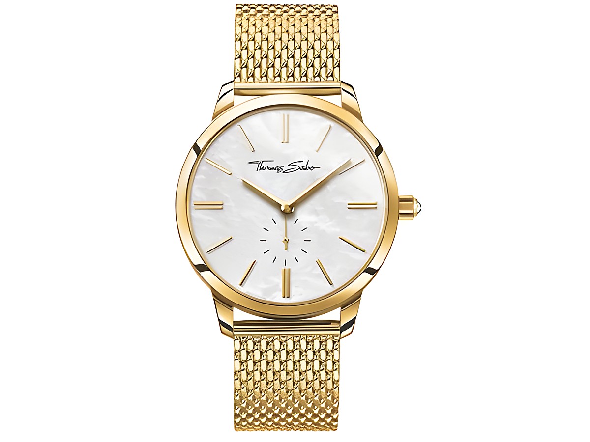 Damenuhr von Thomas Sabo mit goldfarbener Mesh-Armbanduhr und Ziffernblatt in Perlmuttoptik, Modell GLAM SPIRIT, schicker eleganter Stil für jeden Anlass.