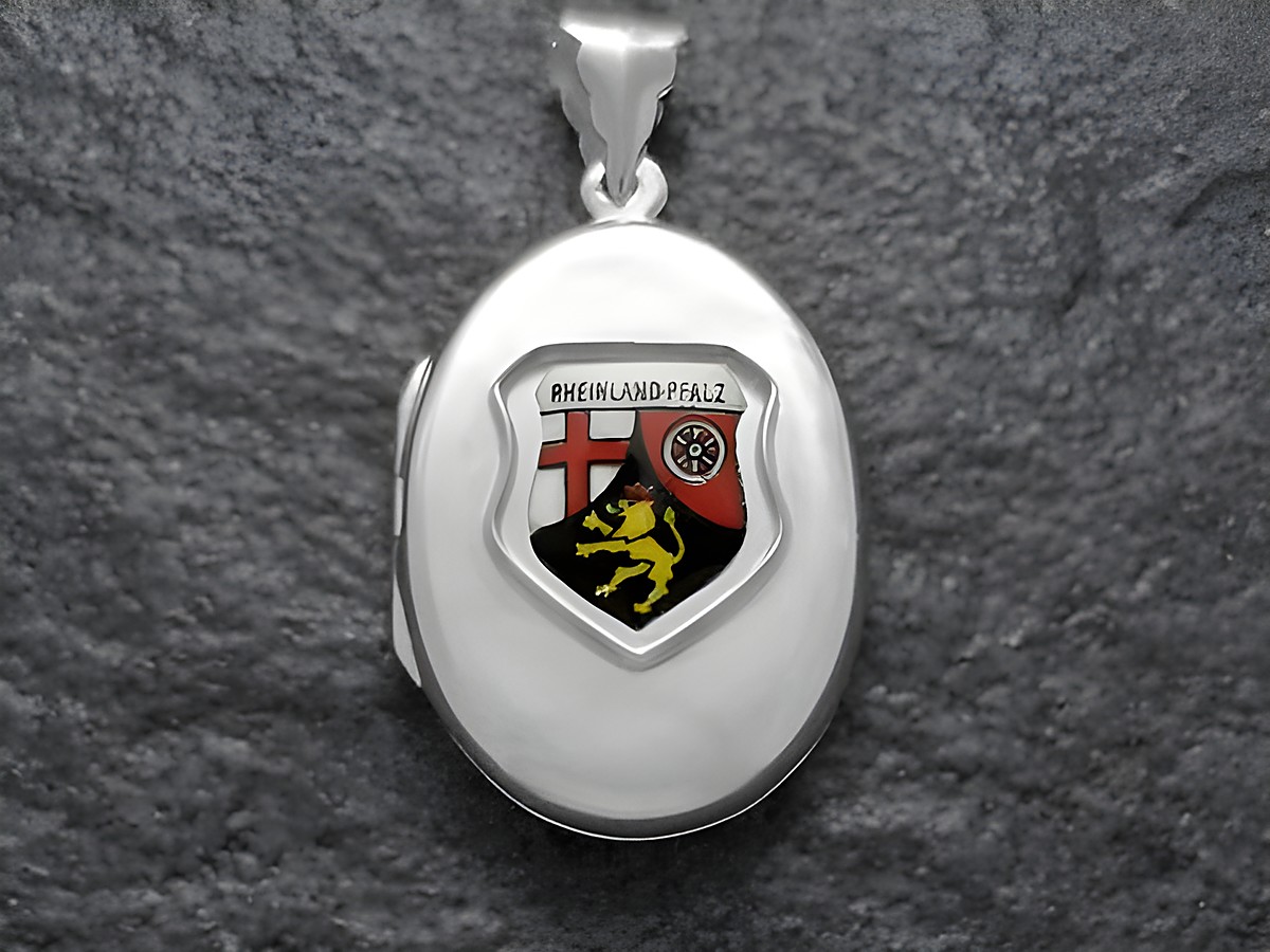 Silbernes Medaillon mit dem Wappen von Rheinland-Pfalz, das einen Löwen und ein Kreuz zeigt, gefertigt vom Juwelier Harnisch, ideal für Sammler und Liebhaber von Landesymbolen.