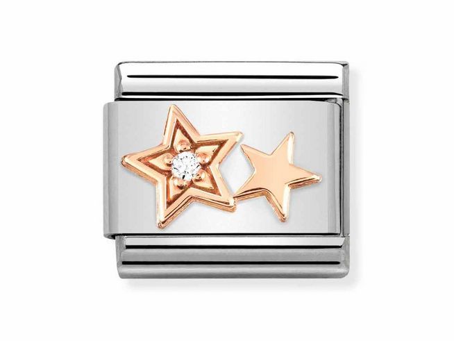 Doppelter Stern aus Edelstahl mit Roségoldauflage und Zirkonia in weiß, gefertigt von Nomination. Elegant und funkelnd, ideal als Teil eines Armbands.