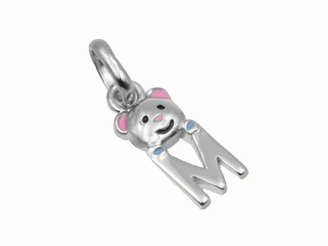 Hängender Teddy mit dem Buchstaben M aus 925 Sterling Silber, poliert und rhodiniert. Ideal als Schmuckstück für Kinder, Hersteller Juwelier Harnisch.
