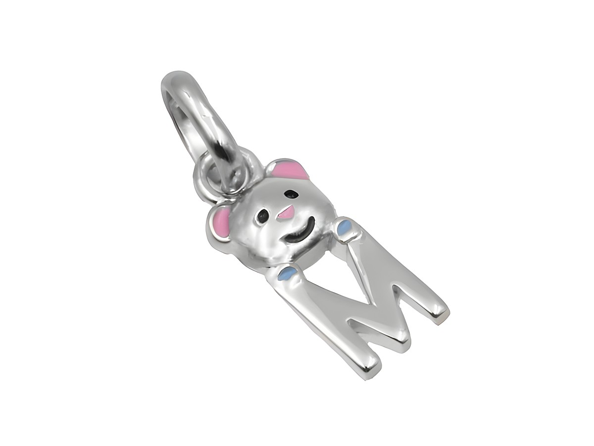 Hängender Teddy mit dem Buchstaben M aus 925 Sterling Silber, poliert und rhodiniert. Ideal als Schmuckstück für Kinder, Hersteller Juwelier Harnisch.