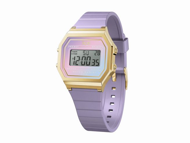 Die Ice Watch Uhr 022721 ICE digit retro sunset Purple Delight Small präsentiert sich in lila mit einem goldenen Gehäuse und digitalem Display, ideal für modische Akzente.