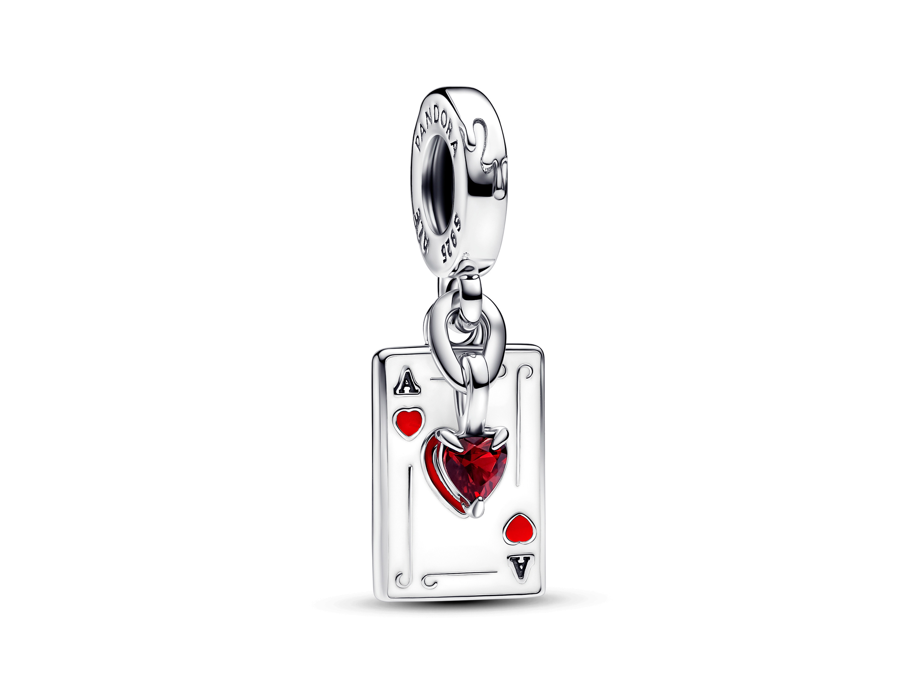 Doppelter Charm-Anhänger von Pandora mit dem Design einer Spielkarte, die ein rotes Herz und die Initiale A zeigt, aus Sterling Silber der Disney Villains Kollektion.