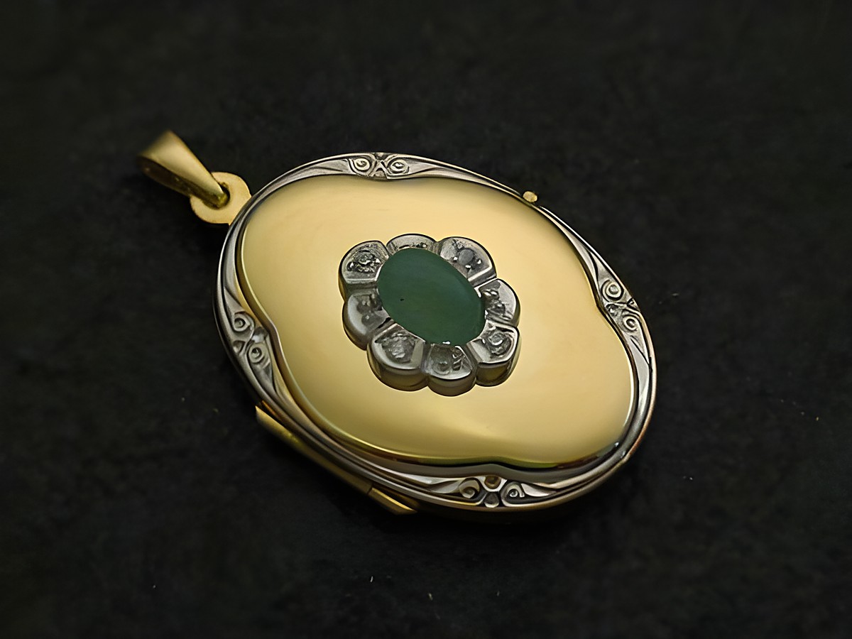 Aventurin grün Medaillon Cabochon Gold 333 bicolor von Juwelier Harnisch, zart umrandet mit funkelnden Steinen, elegantes Schmuckstück für besondere Anlässe.