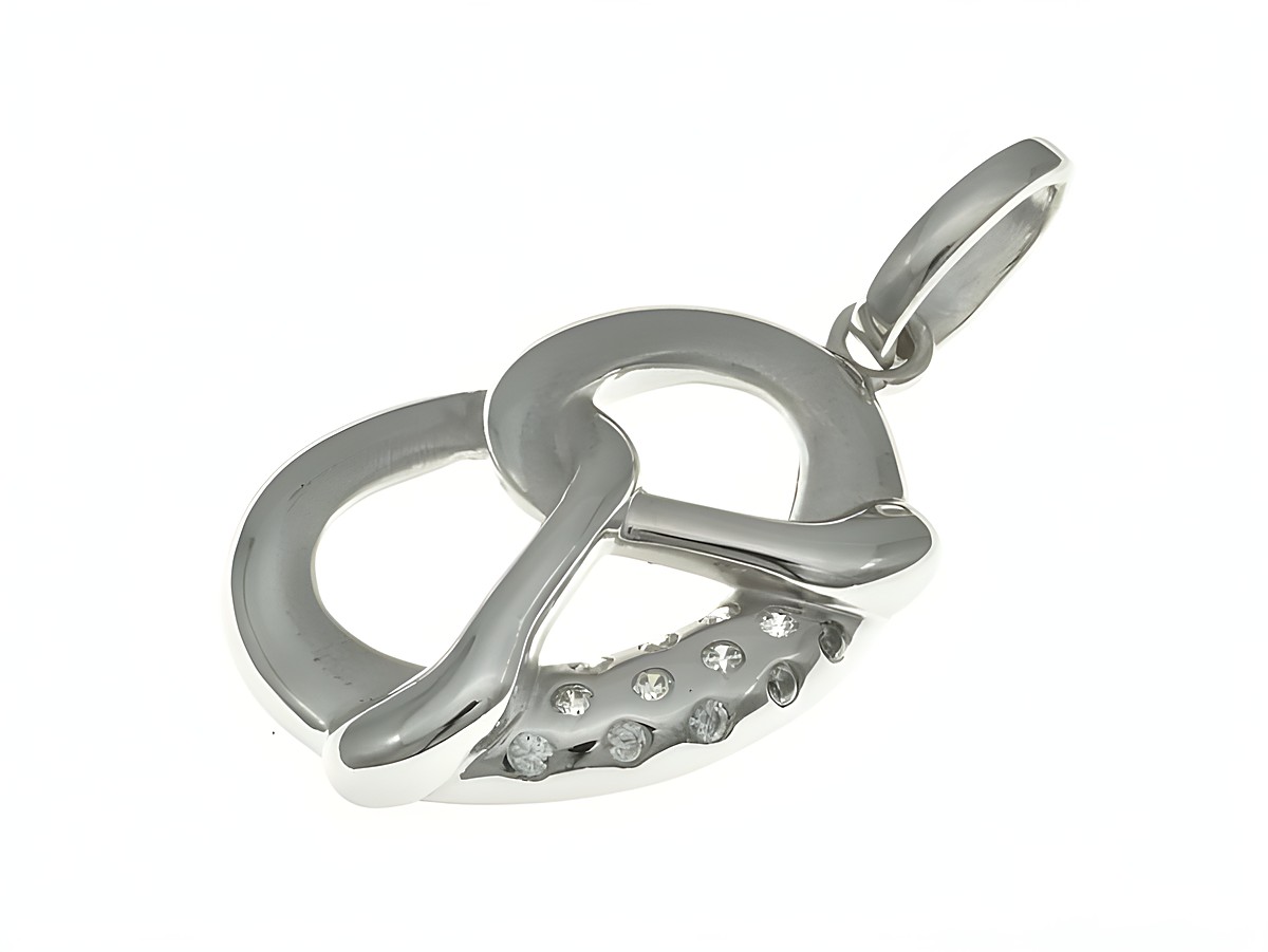 Brezel Anhänger aus rhodiniertem Sterling Silber mit funkelnden Zirkonia verziert, hergestellt von Juwelier Harnisch, stilvolles und vielseitiges Schmuckstück in ansprechender Form.
