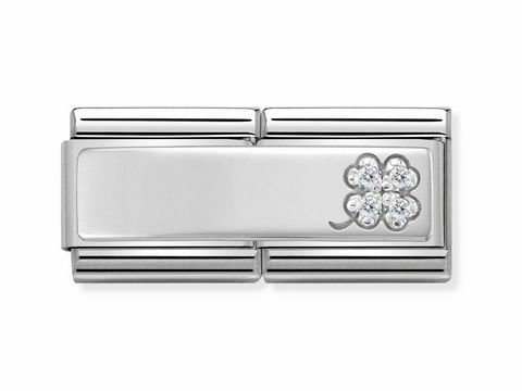 Elegante Doppelglieder-Brosche aus silbernem Edelstahl mit einem schlichten Kleeblatt und funkelnden Kristallen, Hersteller Nomination, Modellnummer 330731 11.
