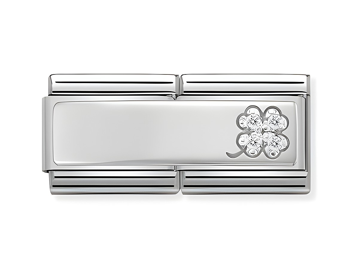 Elegante Doppelglieder-Brosche aus silbernem Edelstahl mit einem schlichten Kleeblatt und funkelnden Kristallen, Hersteller Nomination, Modellnummer 330731 11.