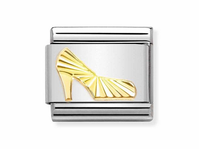 Edelstahl und Gold 750 charm mit einem diamantierten Schuhdesign in Gold, hergestellt von Nomination, geeignet für Armbänder und modische Accessoires.