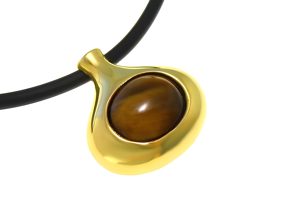 Ovaler Goldanhänger mit einem Tigerauge als zentralem Stein, befestigt an einem schwarzen Band, Hersteller Juwelier Harnisch. Elegantes und schlichtes Design, ideal für jeden Anlass.