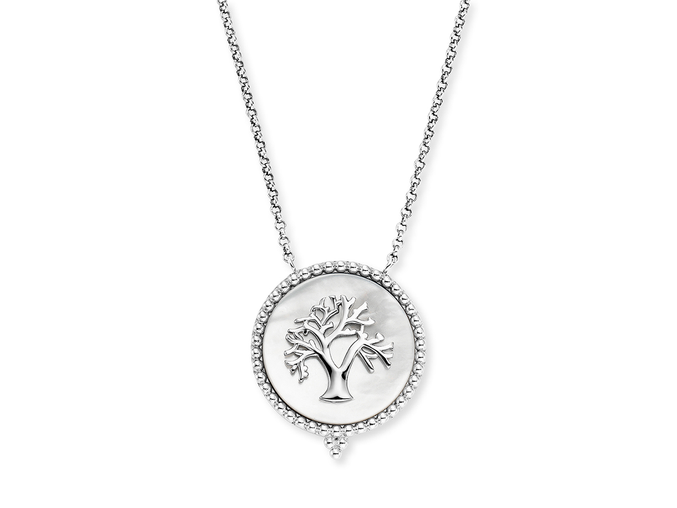 Engelsrufer ERN-LILTREE-PE LILTREE Kette Lebensbaum - mit Perlmutt Silber rhod. & Weiß 42 cm Kette mit Anhänger in Silber rhodiniert, gestaltet als Lebensbaum aus Perlmutt, umgeben von einer feinen, kreisförmigen Silberfassung, Gesamtlänge 42 cm.