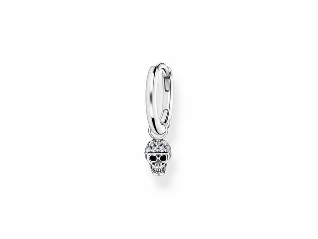 56970805-0 Ohrschmuck aus Sterling Silber von Thomas Sabo mit einem Totenkopf und Zirkonia, geschwungenes Design und schlanker Ringfassung. Ideal für einen modernen und einzigartigen Look.