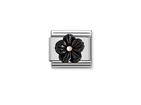 Classic Roségold Charm von Nomination mit einer schwarzen Blume aus Onyx und einem roségoldenen Stein in der Mitte, elegant in einem schlichten Design. Ideal für individuelle Schmuckkreationen.