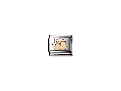 403011213-0 Zwei niedliche Katzenfiguren aus Gold auf einem silbernen Armband Anhänger, gefertigt von Nomination, ideal für Katzenliebhaber.