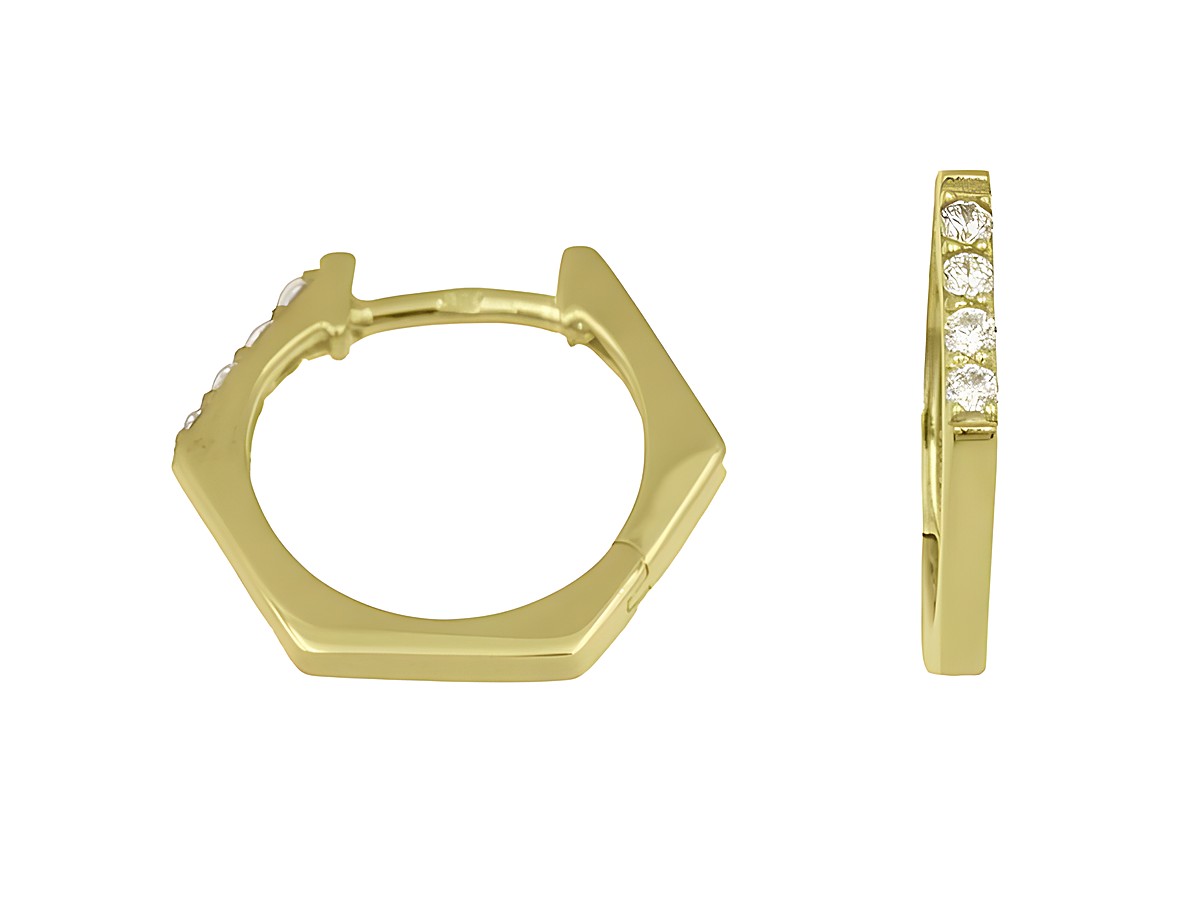 Creolen in Hexagon-Form aus Sterling Silber mit Gelbgold Vergoldung, Durchmesser 1,6 cm, verziert mit funkelnden Steinen, hergestellt von Juwelier Harnisch.