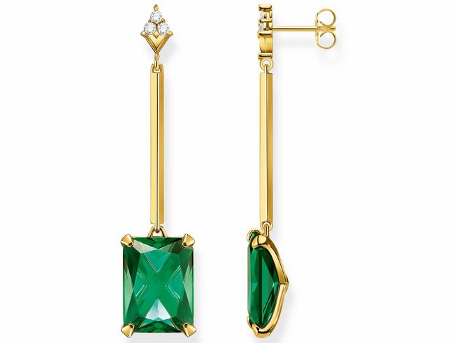 56970321-0 Thomas Sabo Ohrringe H2176-971-6 aus vergoldetem Sterling Silber mit grünem Glas-Keramik Stein und Zirkonia, eleganter Ohrhänger in länglicher Form.