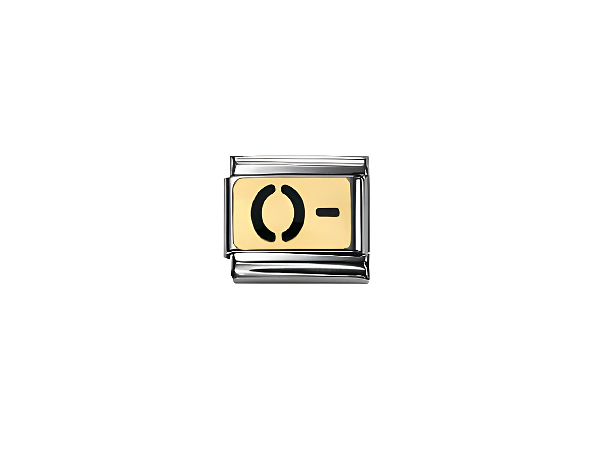 Classic Blutgruppe 0 Negativ von Nomination, fein gestaltetes Charm mit goldfarbener Plakette und schwarzer Schrift, ideal für individuelle Armbänder und Sammlungen.