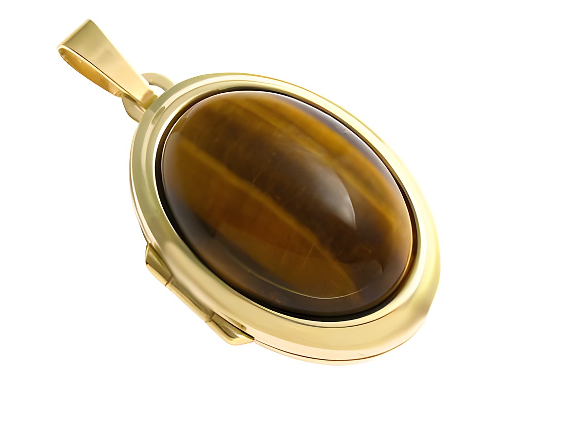 Tigerauge Cabochon in ovaler Form, eingefasst in einem hochwertigen Medaillon aus Gold 750, Hersteller Juwelier Harnisch, glänzende Oberfläche und elegantes Design.