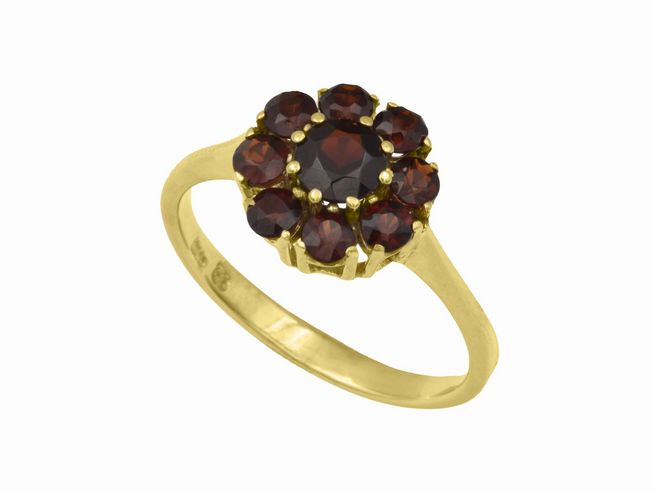 Gelbgold Ring blumig Gelbgold 375 mit Granat in Größe 58 vom Hersteller Juwelier Harnisch bis Größe 58/18,5, verziert mit mehreren roten Steinen in floraler Anordnung.