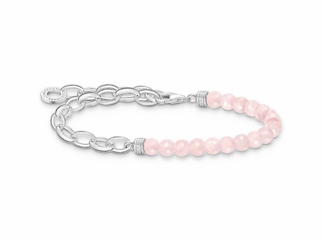 Silbernes Armband von Thomas Sabo mit Rosenquarz-Kugeln in pink, Länge von 16 bis 19 cm, elegantes Design mit Kettengliedern und charmanten Details.