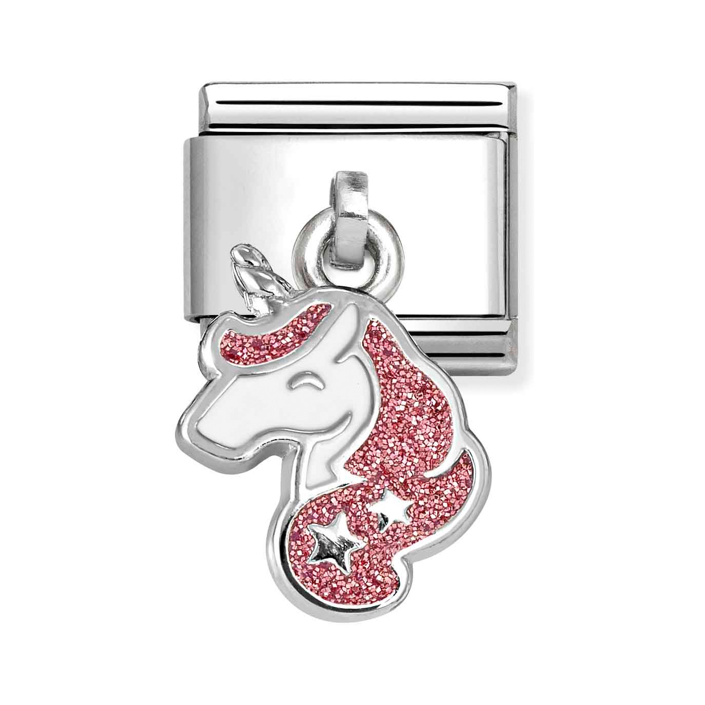 CLASSIC Charm-Anhänger aus Sterling Silber mit Rosa-Weißer Emaille in Einhorn-Form, funkelt und trägt eine Sternmotivation, perfekt für jeden Charm-Armband-Liebhaber.
