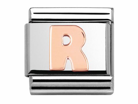 Classic Roségold Buchstabe R von Nomination, schimmernder Buchstabe auf einem silbernen Hintergrund, elegant und modern, ideal für persönliche Schmuckstücke, Hersteller: Nomination.