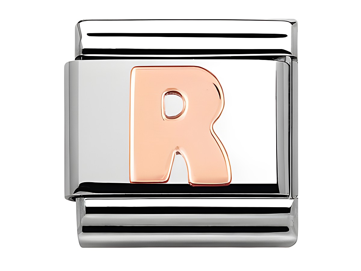Classic Roségold Buchstabe R von Nomination, schimmernder Buchstabe auf einem silbernen Hintergrund, elegant und modern, ideal für persönliche Schmuckstücke, Hersteller: Nomination.