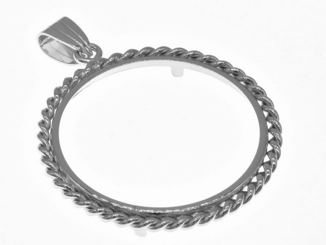 Münzfassung Anhänger aus 925 Sterling Silber rhodiniert, mit Kordel-Design und einer maximalen Münzgröße von 31 mm Durchmesser, geeignet für Münzen bis 3,5 cm. Hersteller Juwelier Harnisch.