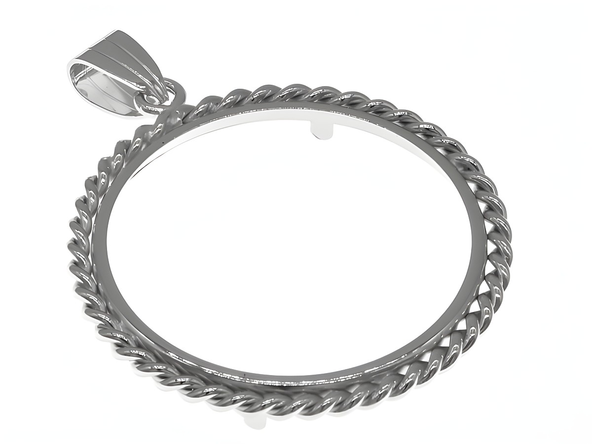 Münzfassung Anhänger aus 925 Sterling Silber rhodiniert, mit Kordel-Design und einer maximalen Münzgröße von 31 mm Durchmesser, geeignet für Münzen bis 3,5 cm. Hersteller Juwelier Harnisch.