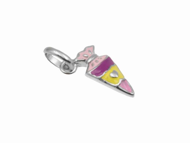 Anhänger Schultüte aus 925 Sterling Silber, poliert und rhodiniert, mit bunten Emaille-Applikationen in Pink, Gelb und Lila, ideal für Kinder, Hersteller Juwelier Harnisch.