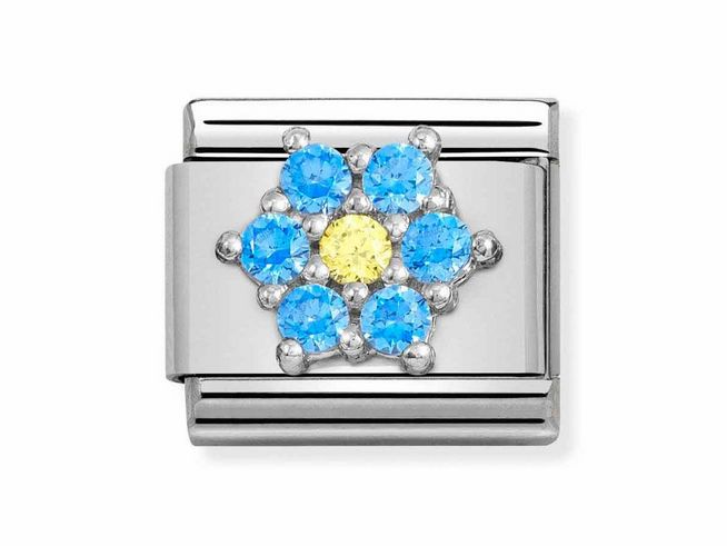 Classic Sterling Silber Charm von Nomination mit blauer und gelber Zirkonia in Blumenform, passend für Silvershine Motive, elegantes Design für individuellen Schmuck.