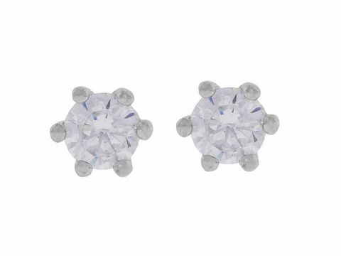 Silber Ohrringe rund rhodiniert mit klaren Zirkonia in Krappenfassung 5,6 mm, Hersteller Juwelier Harnisch, glänzendes und elegantes Design für jeden Anlass.