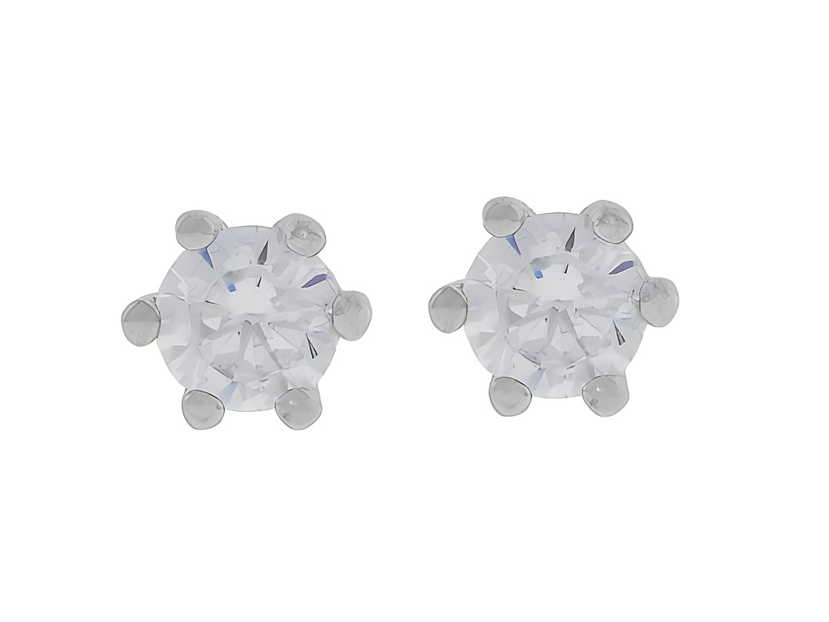 Silber Ohrringe rund rhodiniert mit klaren Zirkonia in Krappenfassung 5,6 mm, Hersteller Juwelier Harnisch, glänzendes und elegantes Design für jeden Anlass.