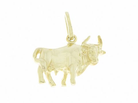 Ein goldener Anhänger in Form eines Stiers aus poliertem Gold, perfekt als Geschenkidee, hergestellt von Juwelier Harnisch, Stier.