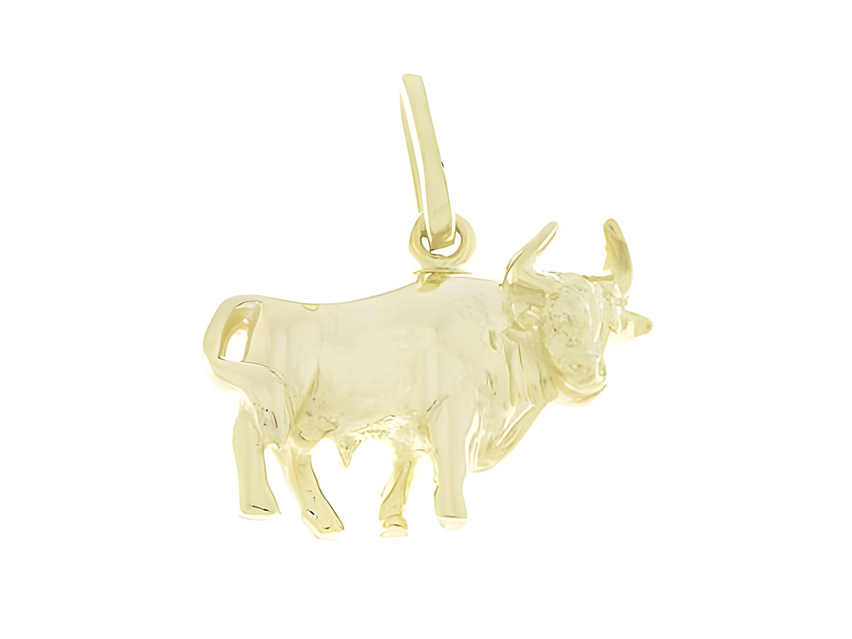 Ein goldener Anhänger in Form eines Stiers aus poliertem Gold, perfekt als Geschenkidee, hergestellt von Juwelier Harnisch, Stier.