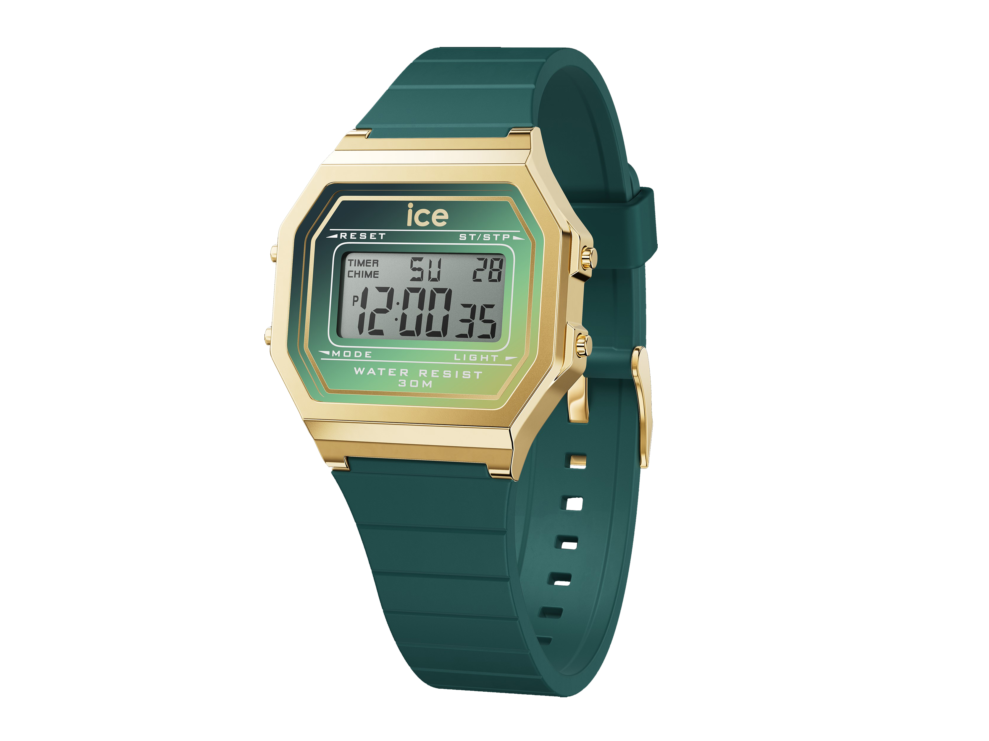 Ice Watch Uhr 023307 ICE digit retro Verdigris glow Small mit grünem Silikonarmband und goldfarbenem Gehäuse, digitalem Ziffernblatt und Wasserresistenz bis 30 Meter.