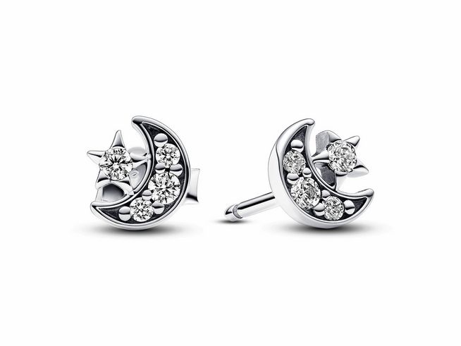 Funkelnde Ohrringe in Form von Mond und Stern aus Sterling Silber mit Zirkonia-Steinen, elegant und glamourös, ideal für besondere Anlässe oder als tägliches Schmuckstück.
