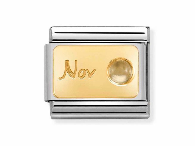 Edelstahl und Gold charm für Nomination Classic Gold mit Gravur Nov und Zitrin als Monatsstein für November, geeignet zur Schmuckgestaltung.