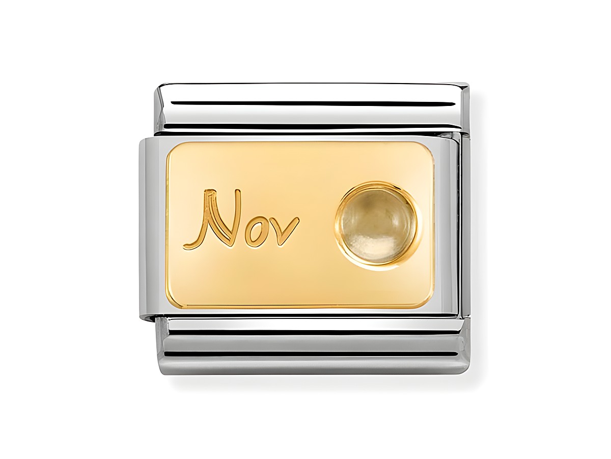 Edelstahl und Gold charm für Nomination Classic Gold mit Gravur Nov und Zitrin als Monatsstein für November, geeignet zur Schmuckgestaltung.