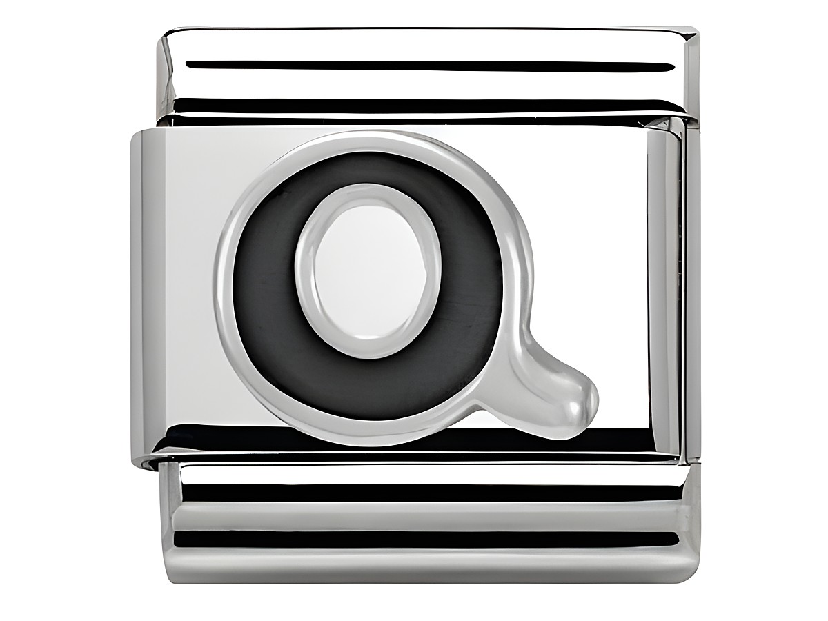 Buchstabe Q in klassischem Silber mit schwarzer Emaille von Nomination, Modell Classic SilverShine - 330201 17 - Q, für individuellen Schmuck.