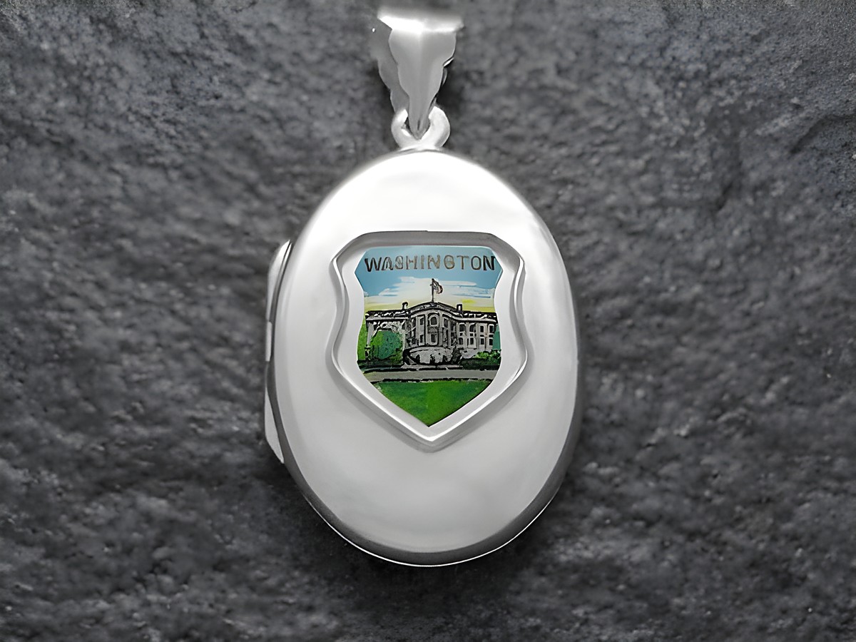 Silbernes Medaillon mit dem Wappen von Washington und einer Abbildung des Weißen Hauses, Hersteller Juwelier Harnisch, Welt Medaillons.