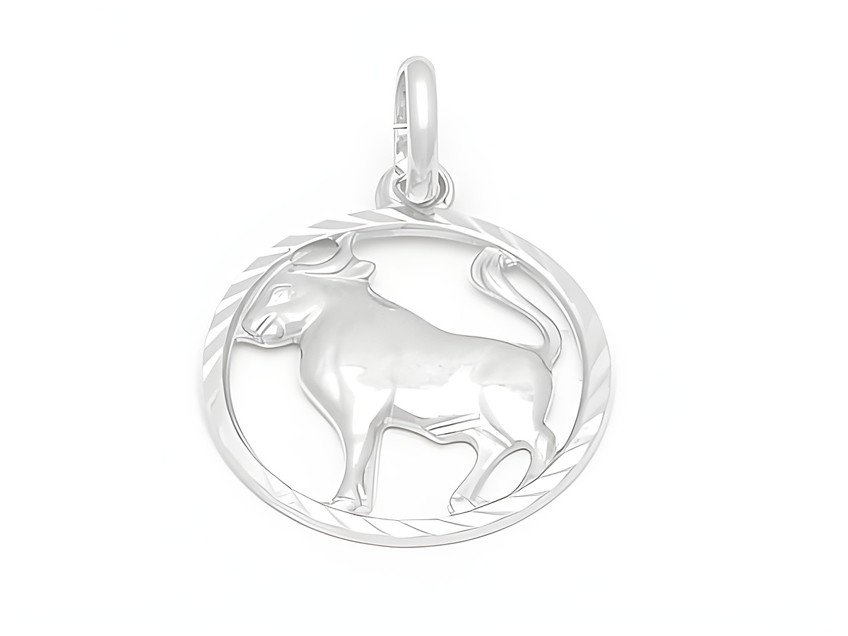 Stier Sternzeichen Anhänger aus diamantiertem Sterling Silber mit rhodinierten Details, Hersteller Juwelier Harnisch, zeigt eine stilisierte Stierdarstellung in einem runden Rahmen.