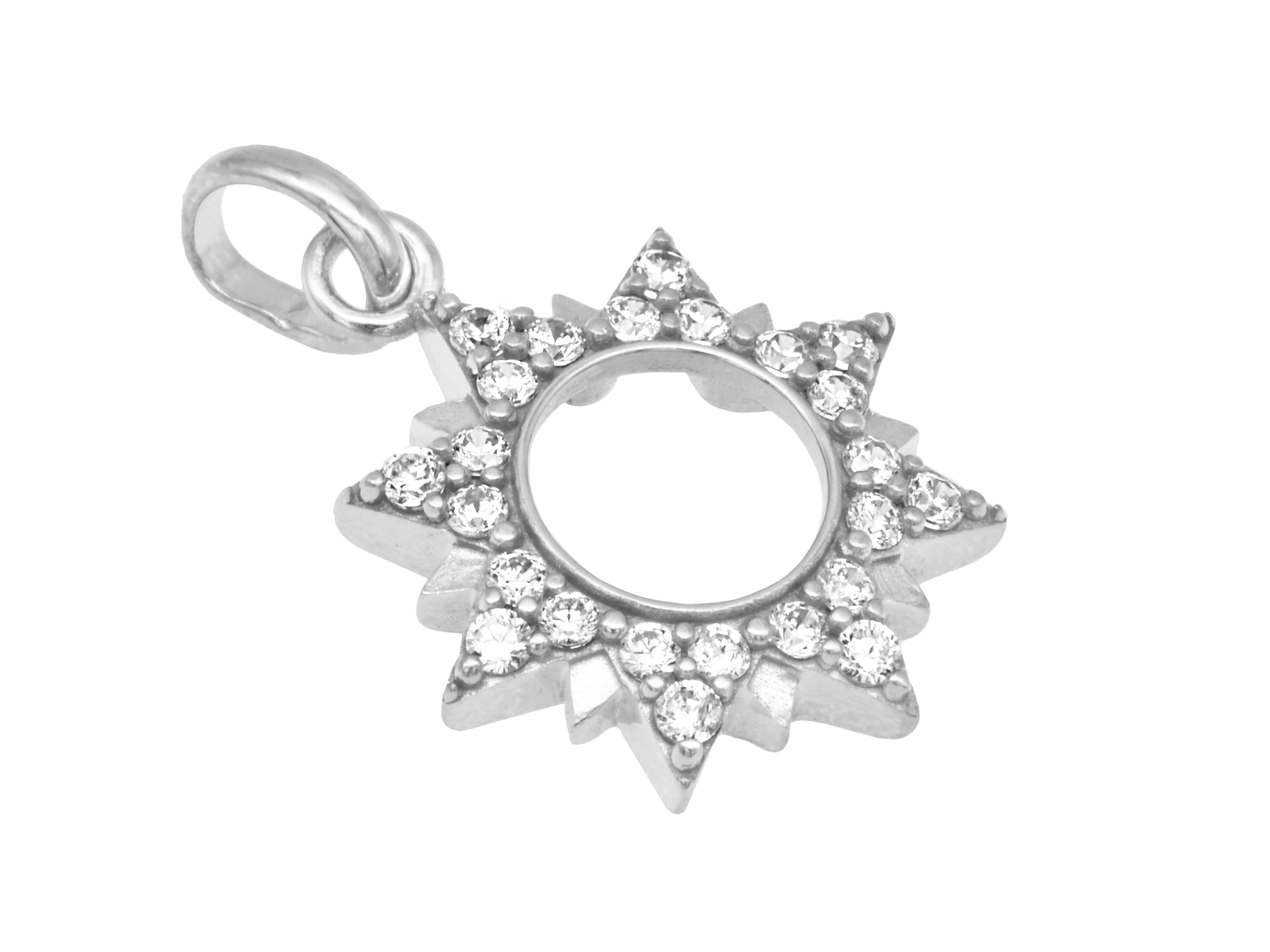 Silber Anhänger Sonne aus rhodiniertem polierten Sterling Silber, verziert mit Zirkonia, bietet ein strahlendes Design für Schmuckliebhaber, stammt vom Juwelier Harnisch.