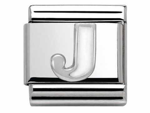 Buchstabe J aus Emaille in klassischem Silberdesign von Nomination, glänzende Oberfläche und eleganter Schriftart, ideal für Armbänder oder als individueller Schmuck акцент.