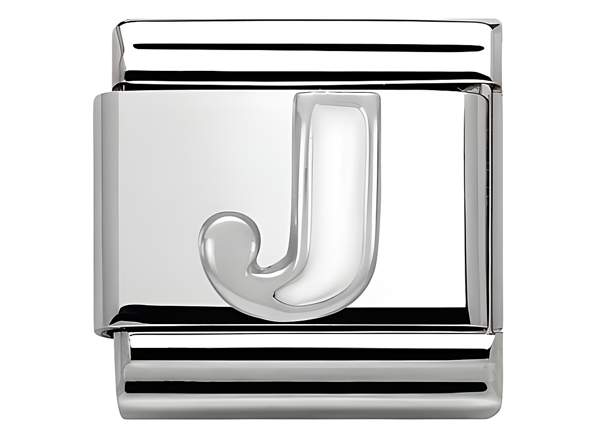 Buchstabe J aus Emaille in klassischem Silberdesign von Nomination, glänzende Oberfläche und eleganter Schriftart, ideal für Armbänder oder als individueller Schmuck акцент.