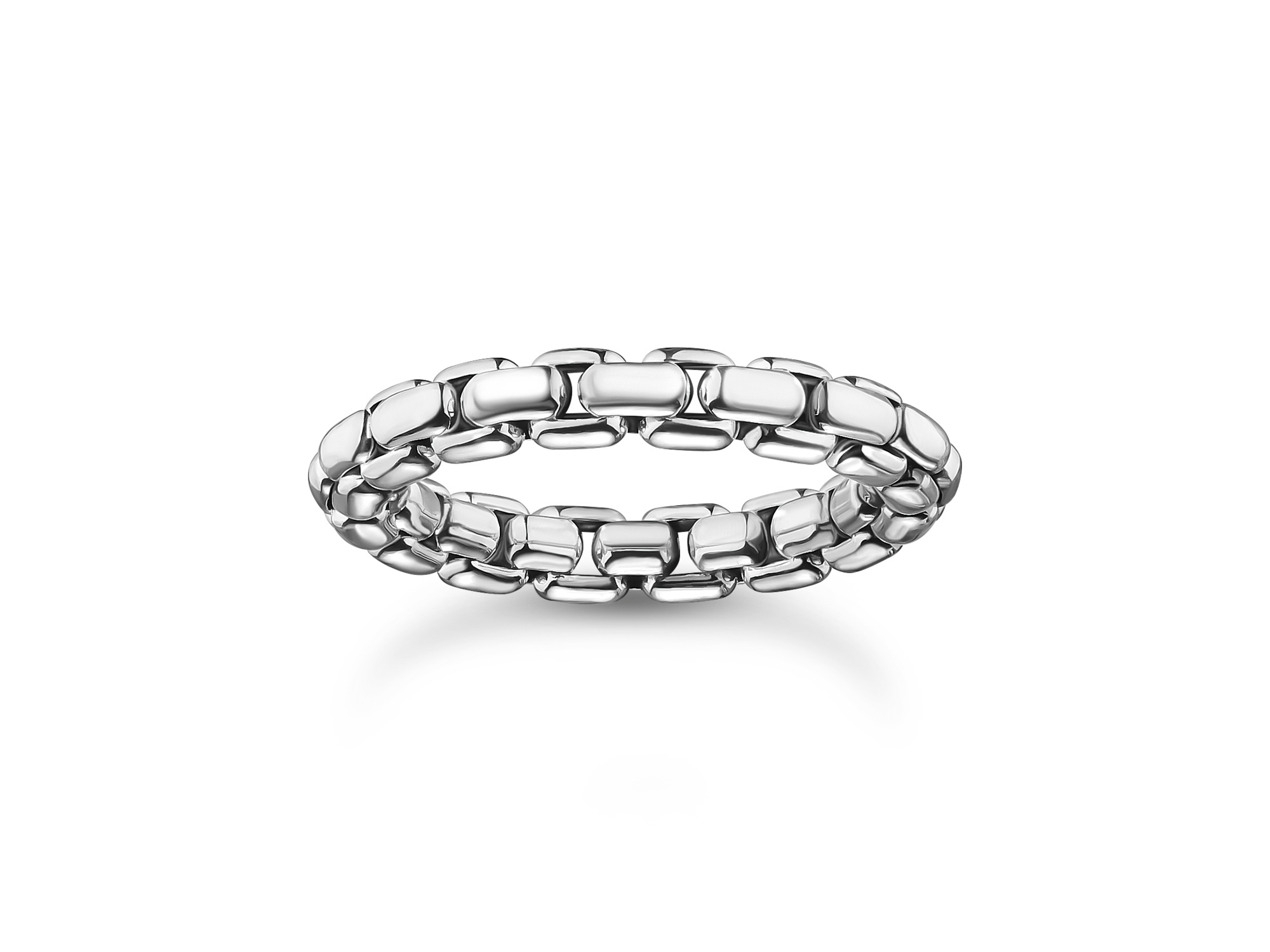 Der Thomas Sabo Ring TR2502-637-21-50 aus Silber der Rebel Basics Kollektion in Größe 50 zeigt ein elegantes und modernes Design mit einem zusammenhängenden Kettenmuster.