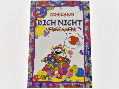 Grußkarte mit Lümmel-Figur, die einen bunten Blumenstrauß hält, umgeben von Herzen. Auf dem oberen Teil steht der Text "Ich kann dich nicht vergessen". Hersteller: Juwelier Harnisch.