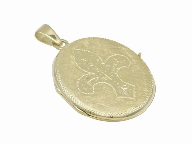 Ovales Gold Medaillon mit bourbonischer Lilie, Durchmesser 31 mm, aus Gold 585, hergestellt von Juwelier Harnisch, kunstvoll verziert und glänzend.