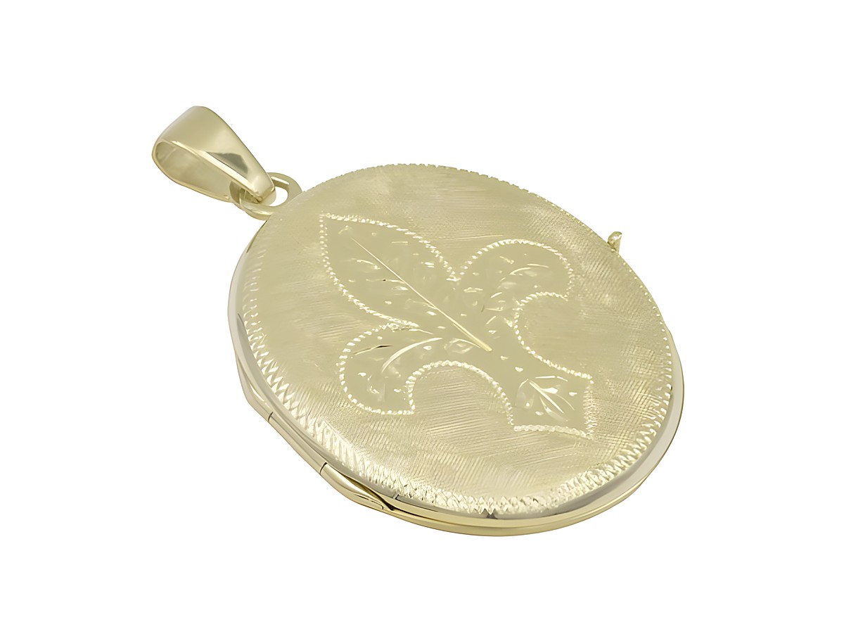 Ovales Gold Medaillon mit bourbonischer Lilie, Durchmesser 31 mm, aus Gold 585, hergestellt von Juwelier Harnisch, kunstvoll verziert und glänzend.