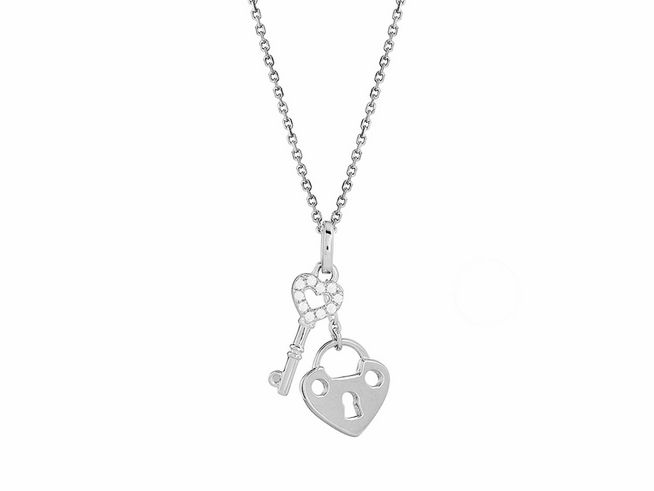 Xenox Sterling Silber Kette XS3411K mit Ankerkette und Anhänger in Herzform, Schloss und Schlüssel, aus der LOVE STORY Kollektion, Länge 40-45 cm.