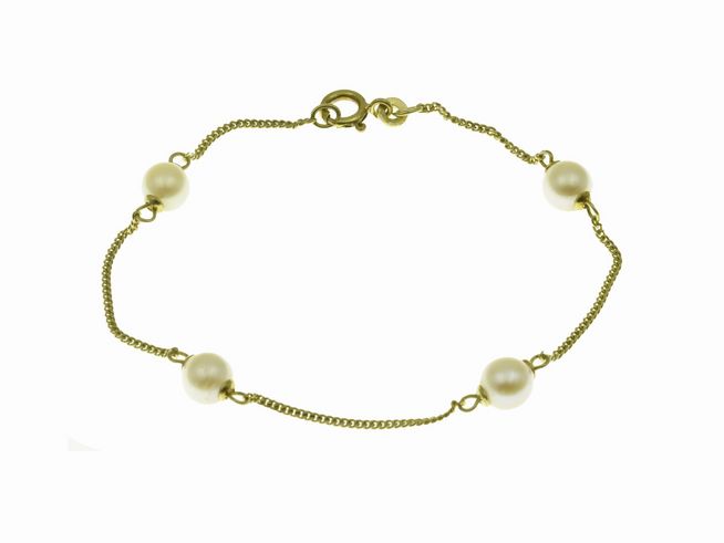 Armband aus Gelbgold 585 mit einer Länge von 20 cm, verziert mit vier Zuchtperlen, hergestellt von Juwelier Harnisch, mit Stein-Perle.